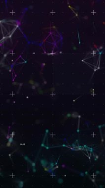 Siyah arkaplanda hareket eden renkli şekillerin canlandırması. Bilim, teknoloji ve dijital arayüz kavramı dijital olarak oluşturulmuş video.