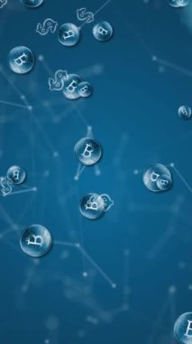 Mavi arkaplandaki dijital dalgalara karşı bağlantı ağı ve bitcoin sembollerinin animasyonu. Kripto para birimi ve iş ağı teknolojisi kavramı