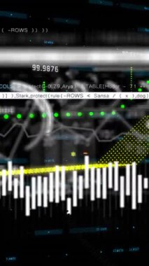 Karanlık arka planda finansal veri işleme animasyonu. Küresel finans, iş, bağlantılar, hesaplama ve veri işleme kavramı dijital olarak oluşturulmuş video.