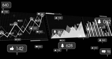 Satır çizelgesi çubukları ve çağrılarla analitik kontrol paneli arayüzü gösteriliyor. Veri, görselleştirme, kavrama, ölçüm, teknoloji, finans, kullanıcı arayüzü