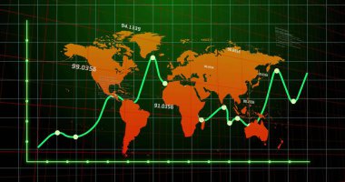 Neon grafik işaretleyicileri ve sayısal etiketlerle yeşil ızgara üzerinde turuncu dünya haritası gösteriliyor. Coğrafi, analitik, görselleştirme, veri, dijital, geleceksel, arayüz