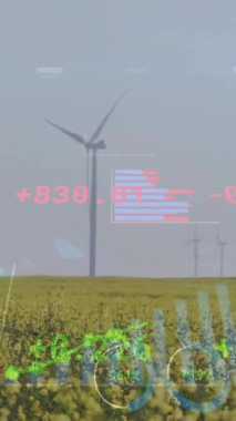 Rüzgâr türbinleri, arazi üzerinde finansal veri işleme animasyonlarıyla birlikte sahada. Yenilenebilir enerji, teknoloji, sürdürülebilirlik, finans, yeşil enerji