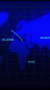 Dünya haritasında finansal veri işleme animasyonu. Küresel finans, iş, bağlantılar, hesaplama ve veri işleme kavramı dijital olarak oluşturulmuş video.