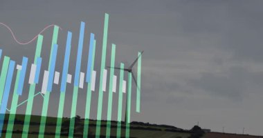 Veri görselleştirmesi solda azalıyor. Enerji eğilimlerini gösteren rüzgar türbini görünümünde kaymaya başlıyor. Yenilenebilir, sürdürülebilirlik, eko, yenilik, teknoloji, çevre, modern