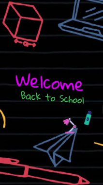 Okul eşyaları simgeleri üzerinden okula dönüş metninin animasyonu. Küresel eğitim ve dijital arayüz kavramı dijital olarak oluşturulmuş video.