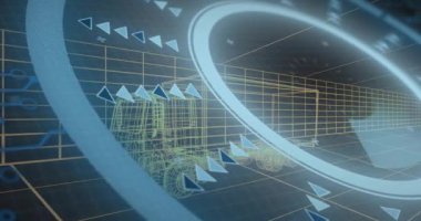 Mavi oklar, veri panelini gösteren sarı kablo kamyonu etrafında dönmeye başlıyor. Gelecek, teknoloji, dijital, soyut, hareket, ulaşım, yenilik