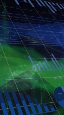 Animation of financial data processing over shapes on black background. Global technology, connections and digital interface concept digitally generated video.