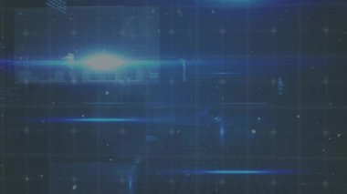 Mavi şebeke açılıyor. Tarayıcı mercek alev alıyor. Sürüklenen karı ve yükselen şehrin ufuk çizgisini ortaya çıkarıyor. Fütürist, dijital, şehir manzarası, gece, teknoloji, soyut, kentsel