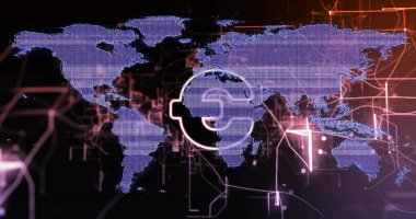 Neon ızgara çizgileri ve bağlantı simgesiyle sanal dünya haritası gösteriliyor. Teknoloji, veri görselleştirme, bağlantı, dijital arayüz, gelecek, ağ, siber