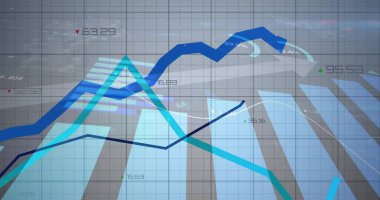 Finansal tabloda, şebeke üzerinde sayısal etiketler ve aşağı veya yukarı oklarla çizgiler ve çizgiler gösteriliyor. Teknoloji, analitik, veri görselleştirme, gösterge panelleri, finans, yenilik, dijital