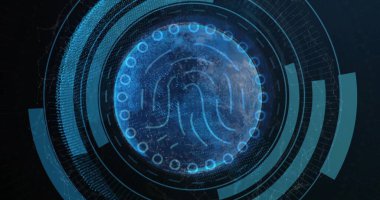 Ağ şebekesi üzerinde parmak izi desenli ve Scifi UI 'daki elementlere sahip küre gösteriliyor. Fütürist, dijital, holografik, arayüz, teknoloji, siber, veri