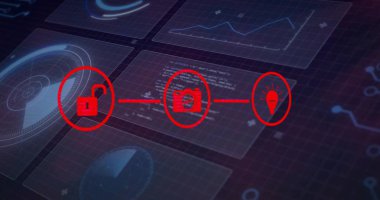 Gösterge panelindeki kilit, sensör ve ampul ile veri panellerini birbirine bağlayan merkezi kırmızı iş akışı vurgulanıyor. Teknoloji, veri, arayüz, dijital, yenilik, siber güvenlik, analitik