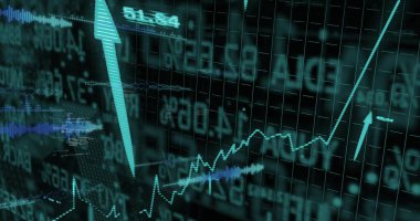 Rakamsal üstüste binen ticaret terminalinin yükselen noktalı grafiği, sivri dişli oklar ve dijital küreyi kapsıyor. Finans, teknoloji, veri görselleştirme, dijital, fütürist, analitik, yatırım