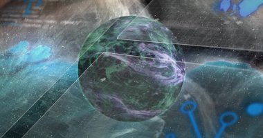 Sanal uzayda büyüyü yansıtan dönen küre, mavi simge düğümlerinde yüzen veri panelleri ile birlikte. Fütürist, bilim kurgu, soyut, dijital, teknoloji, uzay, ui