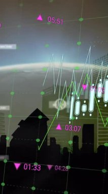 Animation of data processing over cityscape. Global business, finances, computing and data processing concept digitally generated video.