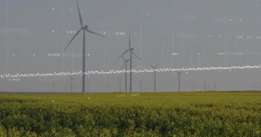 Veri akışı türbinlerin üzerinden verileri aktifleştiriyor ve pervaneler performans izleme için dönüyor. Yenilenebilir enerji, sürdürülebilirlik, dijital arayüz, açık hava manzarası, çevre teknolojisi