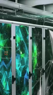 Bilgisayar sunucularında ekolojik simgelerin ve veri işlemlerinin animasyonu. Küresel finans, iş, bağlantılar, hesaplama ve veri işleme kavramı dijital olarak oluşturulmuş video.