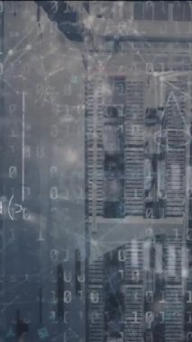 Animation of mathematical equations and data processing over server room. Global technology, computing and digital interface concept digitally generated video.