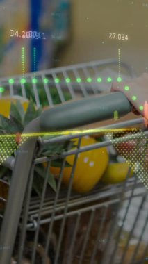 Finansal veri işleme sepetinin animasyonu. Küresel alışveriş, veri işleme ve dijital arayüz kavramı dijital olarak oluşturulmuş video.