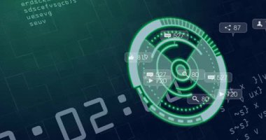 Ekran açılışı dairesel tarama başlatılıyor, nabız halkaları ve metrik reaksiyon simgeleri zayıflıyor. Futuristik, dijital, arayüz, veri, teknoloji, animasyon, analitik