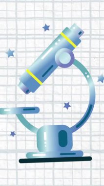 Beyaz çizgili kağıtta hareket eden mikroskop simgesinin animasyonu. Okul ve eğitim teknolojisi kavramı