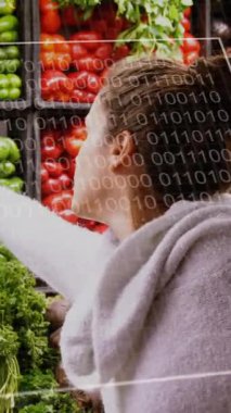 Animation of statistics data processing over caucasian female customer in food shop. Business, retail, communication, digital interface, finance and data processing concept digitally generated video.