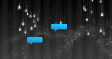 Konuşma balonu görüntüde kayboluyor ikili yağmur ve kabarcıklar oluşuyor sonra sohbet akışı için kayboluyor. Teknoloji, dijital, fütüristik, soyut, iletişim, yenilik, ağ