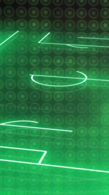 Parlak çizgileri ve veri işleme animasyonu olan bir futbol sahası. Spor, teknoloji, dijital, fütüristik, analiz, bilgi