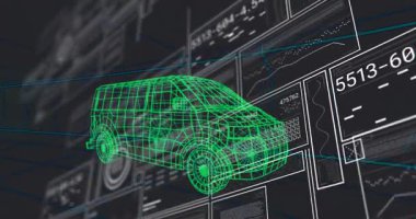 Karanlık şebekede yüzen 3D geniş çerçeveli minibüste veri panelleri kayarak sayısal kodları görselleştiriyor. Gelecek, teknoloji, veri görselleştirme, dijital ortam, sanal arayüz, otomotiv
