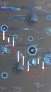 Veri işleme ve hareket eden ekranların animasyonu. küresel bağlantılar, veri işleme ve dijital arayüz konsepti dijital olarak oluşturulmuş video.