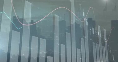 Yarısaydam çubuklar canlandırma çizgileri ve şamdanlar yükselirken grafik sola kayıyor ve verileri gösteriyor. Finansal görselleştirme, veri analizi, dijital panel, pazar eğilimleri, ekonomik büyüme