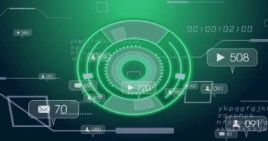 Holografik yeşil arayüz oynatma veya ileti metriklerini güncelledikten sonra titreşip dönüyor. Futuristik, dijital, görselleştirme, analitik, kullanıcı arayüzü, teknoloji, hareket grafikleri