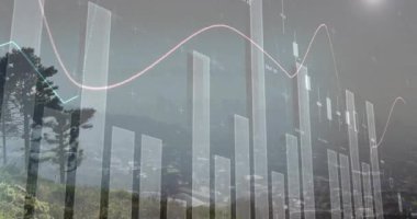 Başlangıçta orman yamaçlarında 3 boyutlu çubuklar yükselirken ve piyasa eğilimlerini gösteren pembe kenar çizgileri süpürürken. Finansal, veri, analiz, görselleştirme, teknoloji, büyüme, yatırım