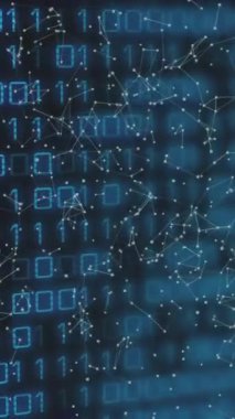 İkili kod ve ağ bağlantıları, dijital veri işleme animasyonu. Teknoloji, fütüristik, internet, siber, bilgi, kodlama