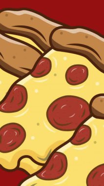 Kırmızı arka planda çoklu pizza ikonlarının canlandırılması. Ulusal pizza günü ve dijital olarak üretilen video konsepti.