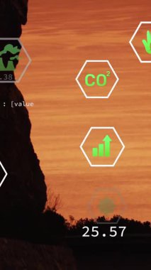 Animation of sustainability and ecology icons over landscape. Ecology, sustainability and data processing concept digitally generated video