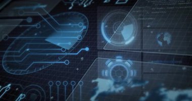 Aktivasyon devresi, veri akışını görselleştirmek için haritayı aydınlatan dolgu göstergelerine doğru parlıyor. Gelecekçi, dijital, holografik, yüksek teknoloji, arayüz, görselleştirme, siber