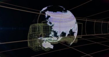 Küre ortaya çıkıyor ve dönüyor sarı kablo kamyonu tünelde küresel ağı gösteriyor. Gelecek, teknoloji, ulaşım, dijital, yenilik, soyut, küresel