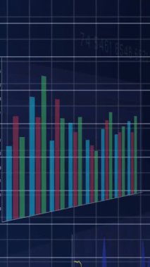 Mavi arkaplan ile şebeke üzerinden finansal ve istatistiksel veri işleme animasyonu. Küresel finans ve iş veri teknolojisi kavramı