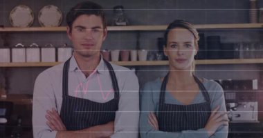 Çapraz kollu kafe sahipleri gövdeleri izlemek için animasyon çizelgelerini başlatıyorlar. İş, analitik, veri görselleştirme, girişimcilik, profesyonel, modern, üretkenlik