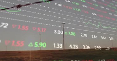 Kırsal alacakaranlıkta görünen çizelge, güncelleme rakamları ve piyasa eğilimlerini gösteren çizgi grafiği. Veri görselleştirme, analitik, finans, teknoloji, kırsal manzara, alacakaranlık, dijital