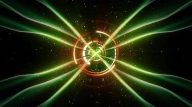 Yeşil enerji çekirdeğinin ortaya çıkması halkaların oluşmasını tetikler, ışınlar yayılır, parçacıklar akışı gösterir. Fütürist, soyut, dinamik, aydınlık, kozmik, teknoloji, hareket