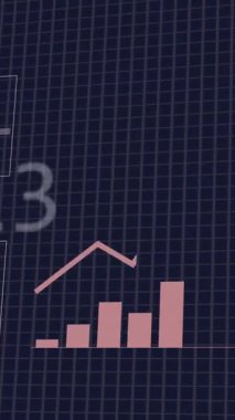 Siyah arkaplana karşı ızgara ağı üzerinden istatistiksel veri işleme arayüzü animasyonu. Bilgisayar arayüzü ve iş veri teknolojisi kavramı