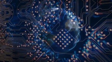 Devre levhası, titreşen ve enerji saçan kablo küresi veri akışını gösterirken rölantide çalışıyor. Teknoloji, bağlantı, ağ, yenilik, dijital, gelecekçilik, siber