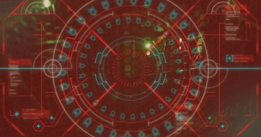 Kırmızı daireler ve veri panelleri ile arayüzde çapraz reaksiyonları gösteren HUD gösterimi. Gelecek, teknoloji, kullanıcı arayüzü, sanal ekran, analitik, yüksek teknoloji, tarama