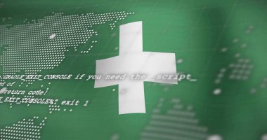 Konsol metni ile noktalı dünya haritası üzerinde beyaz 3D çaprazlama gösteren teknik gösterge paneli gösteriliyor. Teknoloji, veri görselleştirme, dijital arayüz, küresel ağ, fütüristik, arayüz tasarımı