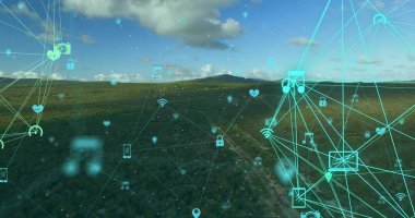 Kırsal otlakları kaplayan dijital bağlantı ağı parlayan Cyan simgeleriyle gösteriliyor. Teknoloji, bağlantı, iletişim, yenilik, kırsal arazi, dijital, ağ
