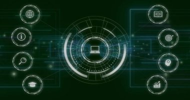 Merkezi dairesel HUD veri çizgileri yeşil arayüzde, dizüstü bilgisayar ve dünya simgeleri ile gösteriliyor. Teknoloji, veri görselleştirme, yenilik, dijital arayüz, siber güvenlik, analitik, fütüristik