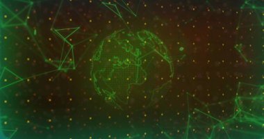 Yüzen sarı pikseller ve yeşil bağlantılarla siber uzay ızgarasında Dünya 'nın kablo çerçevesini döndürüyorum. Gelecekçi, dijital, teknoloji, ağ, veri, sanal, siber