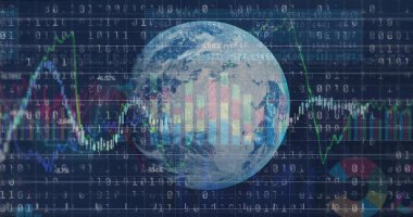 İkili kod, bar grafikleri, çizgi grafikleri ve sayısal veriler ile Dünya küresini karanlık ızgarada görüntülemek. Futuristik, teknoloji, analitik, veri görselleştirme, dijital, küresel, yenilik